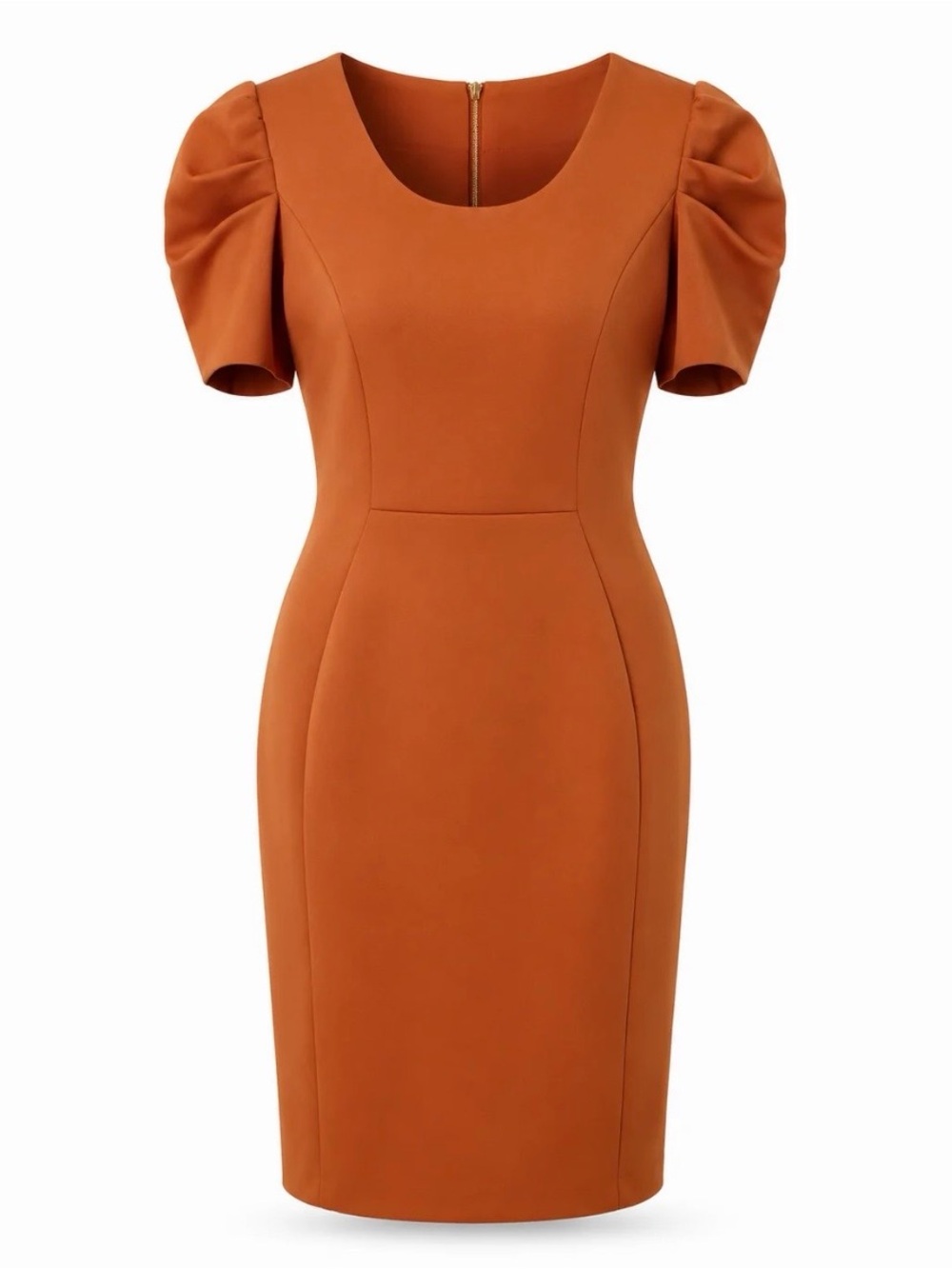 Calvin Klein Rust Orange Puff-Sleeve Sheath Midi Dress